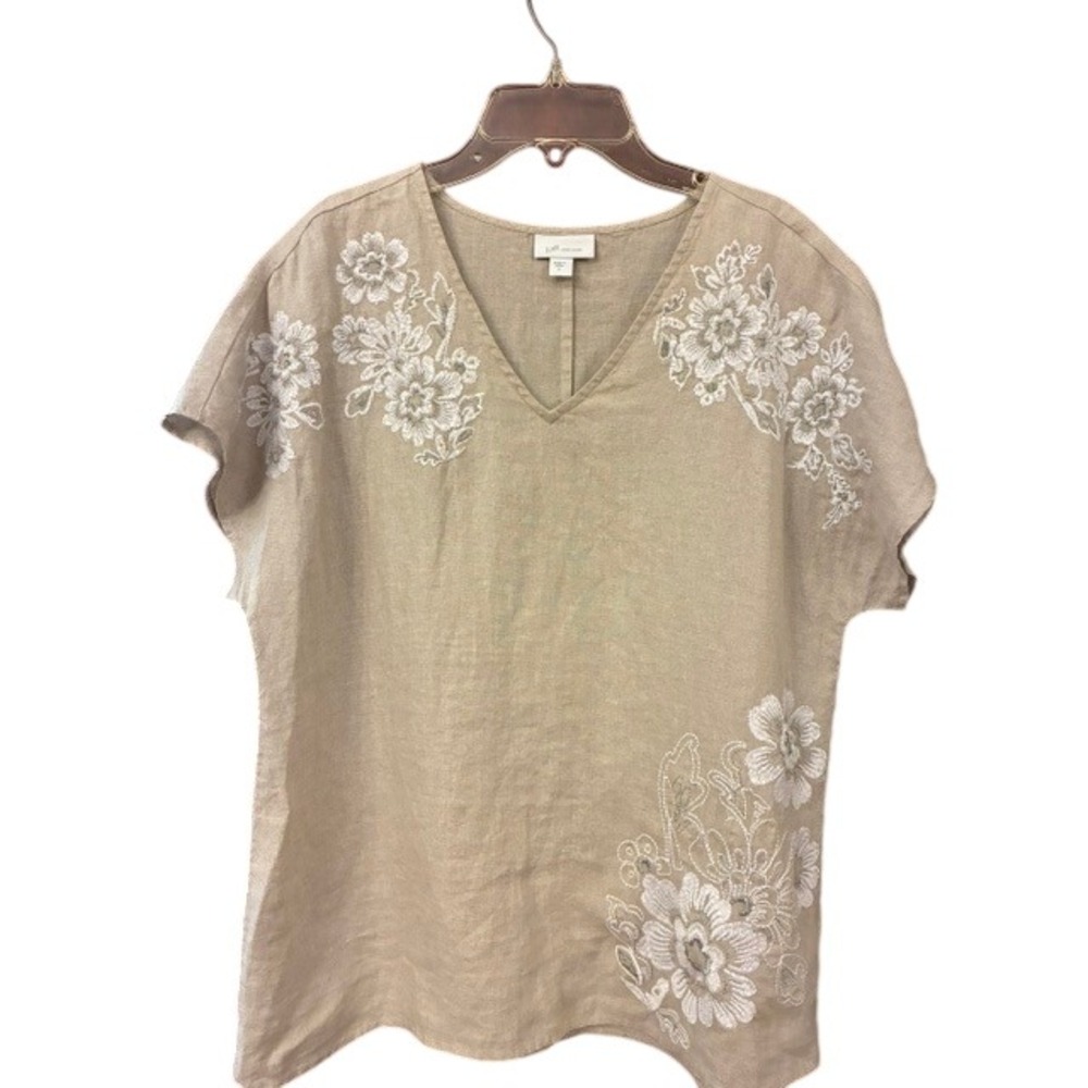 J. Jill Love Linen Blouse Womens Small Beige Excellent Floral Embroidered V-Neck